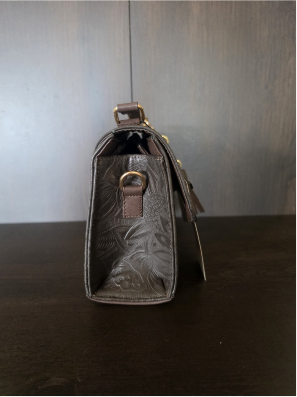 Dark Chocolate Brown Sunflower Embossed Tooled Artisan Leather Crossbody Bag - Picture 5 of 16